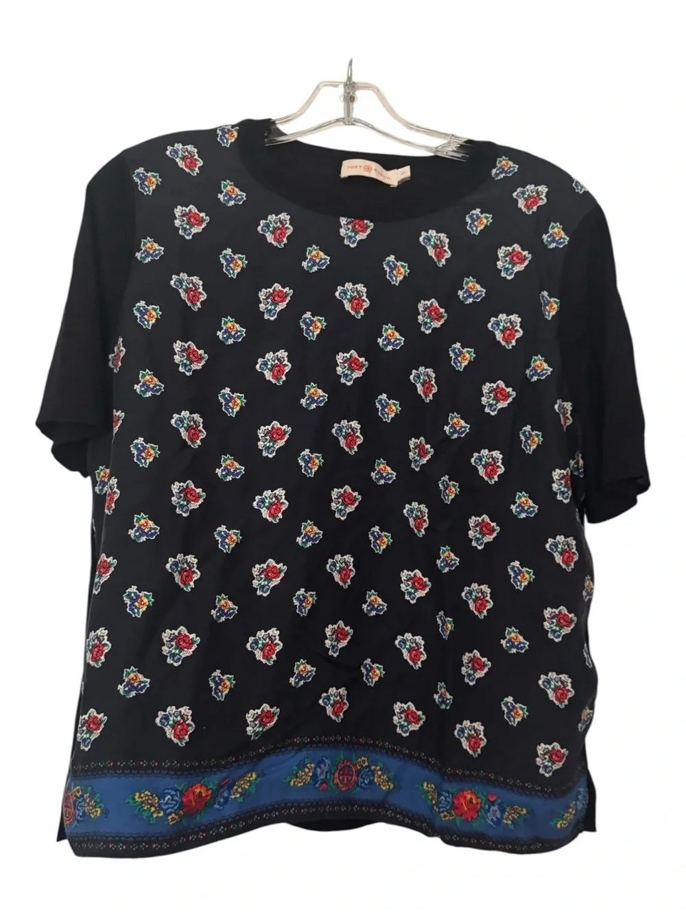 Tory Burch 100% Silk & Merino Wool Ditsy Floral Folk Art Border Top Size L